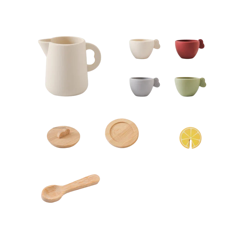 Service à thé en bois et silicone – Jeu d’imitation Montessori éducatif