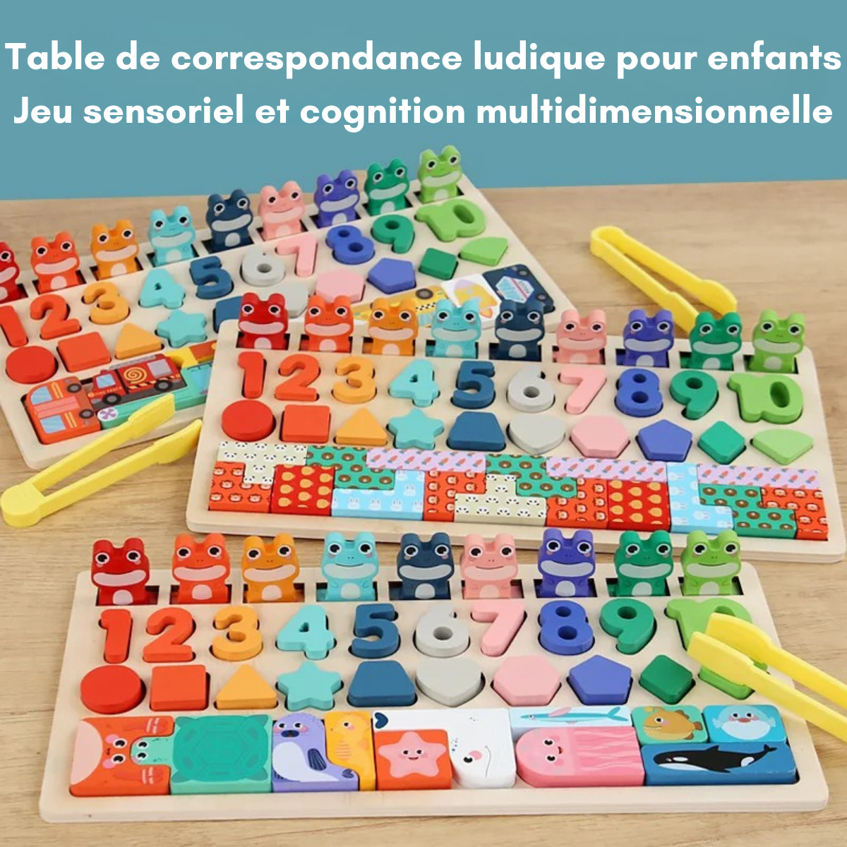 Jeu Éducatif Montessori 4-en-1 en Bois – Formes, Chiffres, Pêche & Animaux