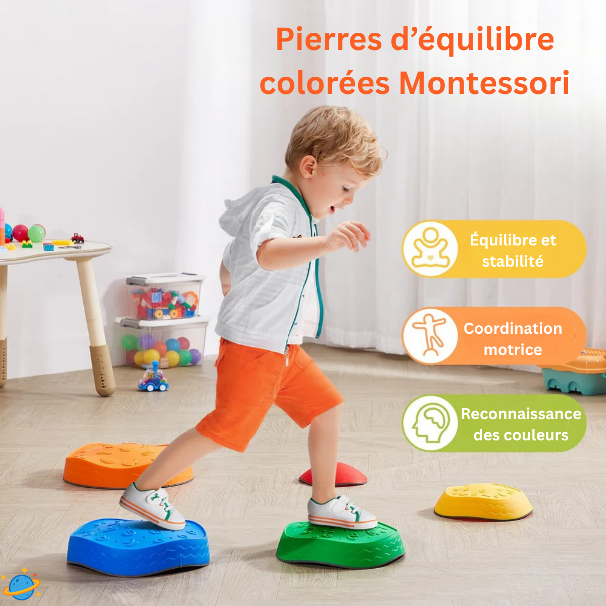 Jeu sensoriel évolutif – Pierres d’équilibre Montessori pour motricité et coordination