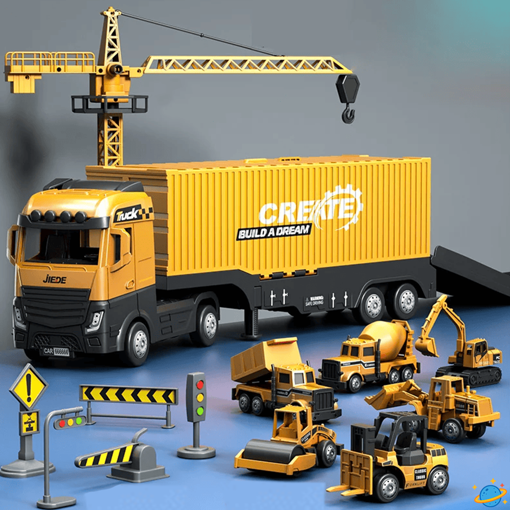 Set de Camions de Chantier Montessori avec Grue, Bétonnière & Accessoires