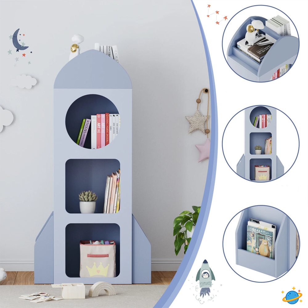 Bibliothèque Fusée Montessori – Étagère à Livres et Jouets 3 Niveaux avec Rangements Latéraux
