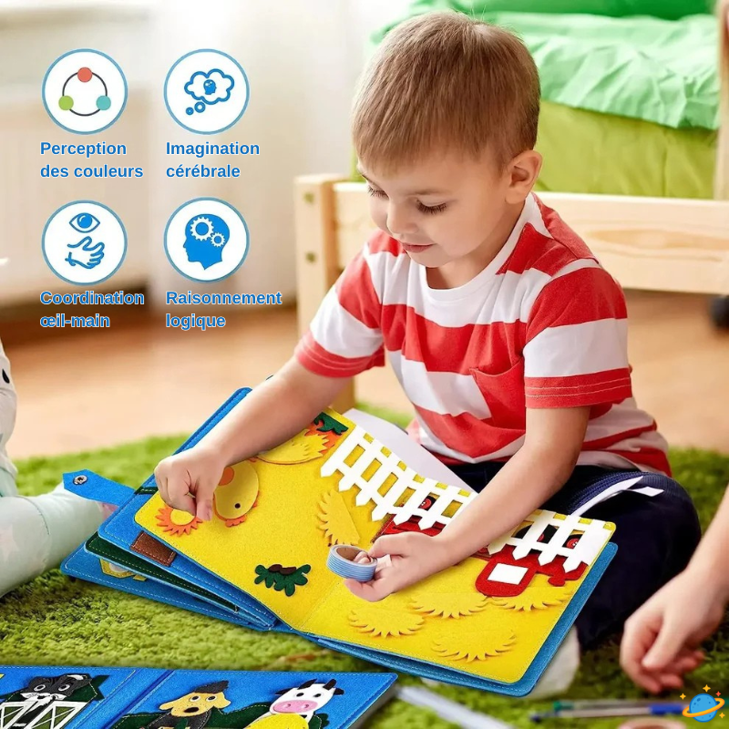 Livre sensoriel évolutif – Ferme Montessori en feutrine avec animaux et histoires