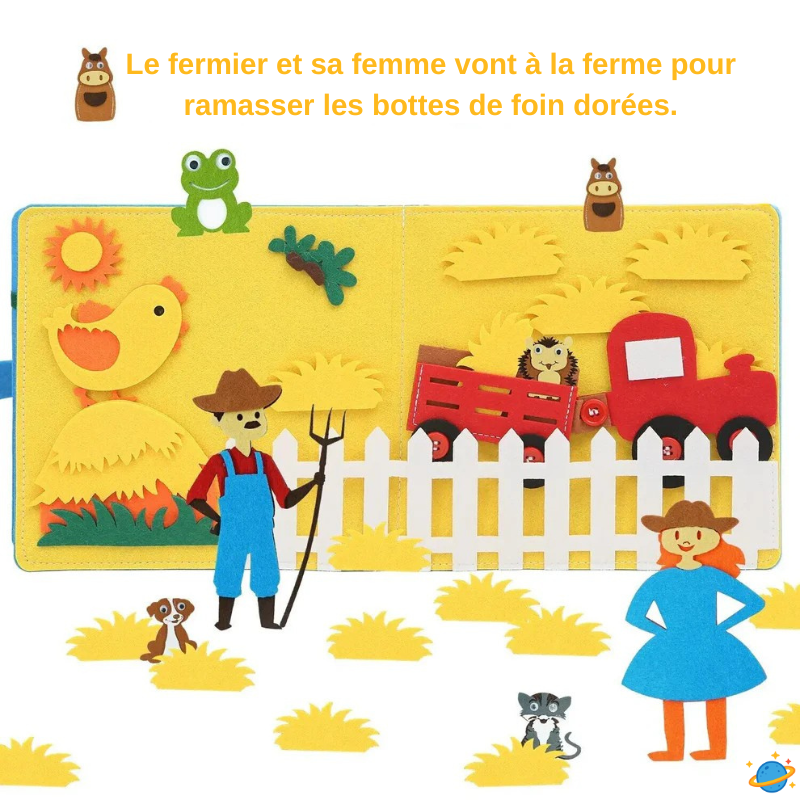 Livre sensoriel évolutif – Ferme Montessori en feutrine avec animaux et histoires