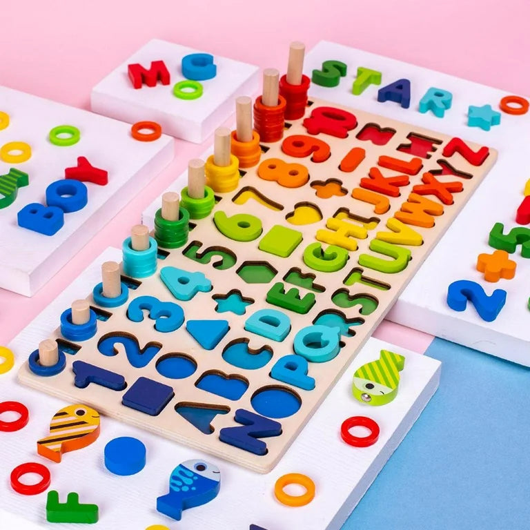Jouet Montessori évolutif – Tableau éducatif en bois chiffres, formes et couleurs