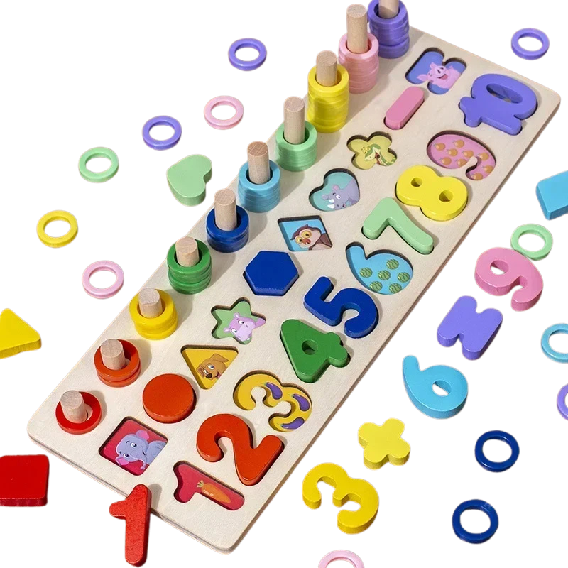Jouet Montessori évolutif – Tableau éducatif en bois chiffres, formes et couleurs