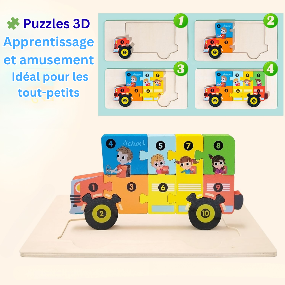 Puzzle éducatif en bois – Jeu Montessori évolutif animaux et dinosaures 3D