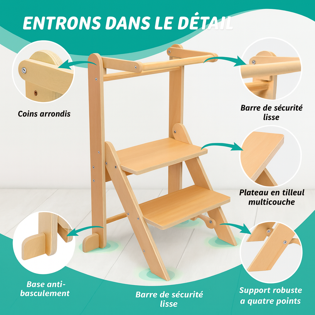 Tour d’Observation Montessori Pliable – Tabouret Évolutif en Bois pour Enfant