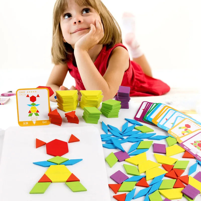 Puzzle géométrique en bois style Tangram – Jeu éducatif Montessori évolutif