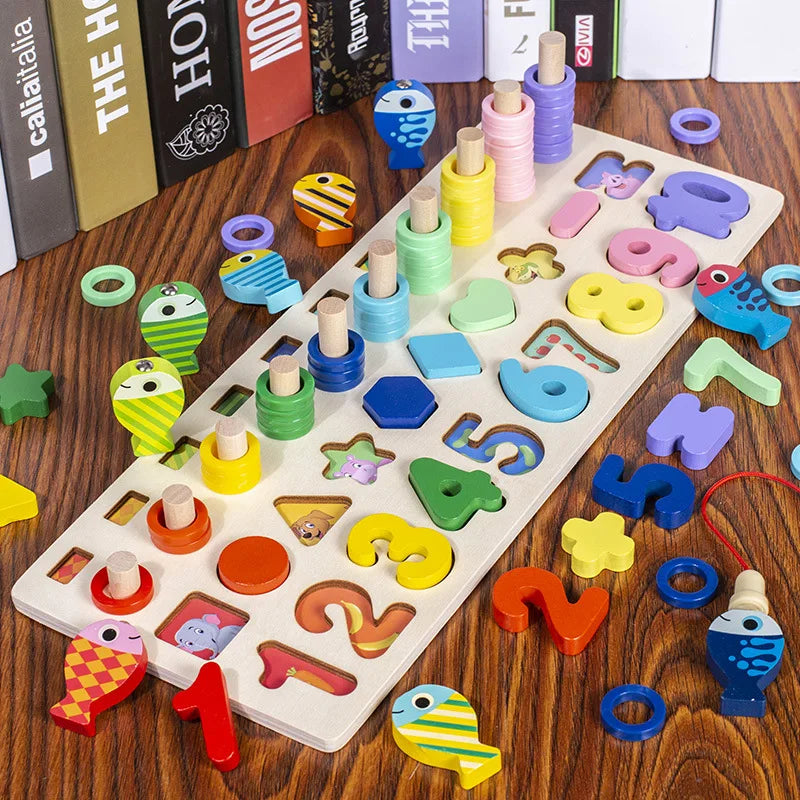 Jouet Montessori évolutif – Tableau éducatif en bois chiffres, formes et couleurs