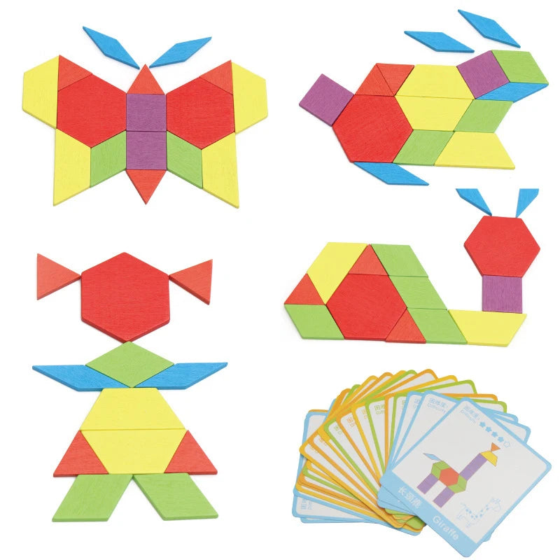 Puzzle géométrique en bois style Tangram – Jeu éducatif Montessori évolutif