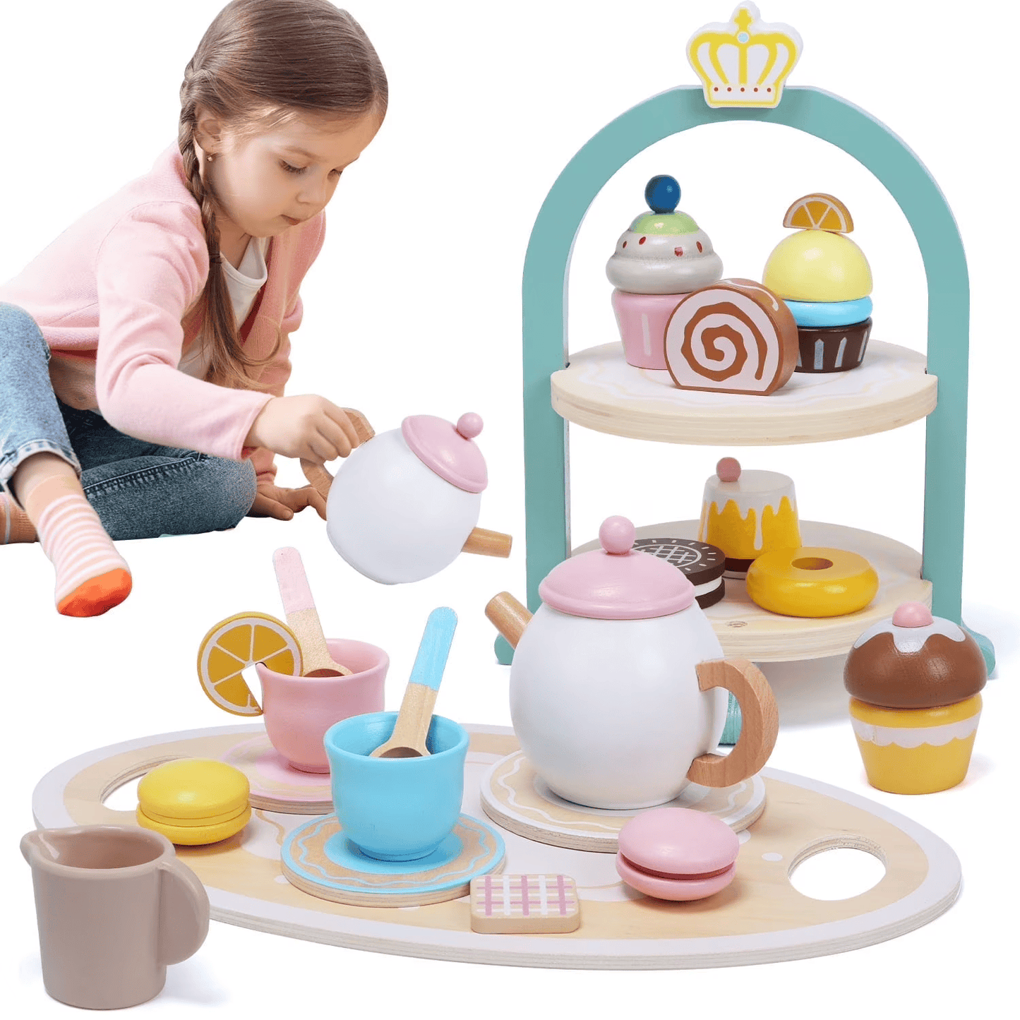 Set de Thé et Pâtisseries en Bois Montessori – Jeu d’Imitation Gourmand pour Enfants