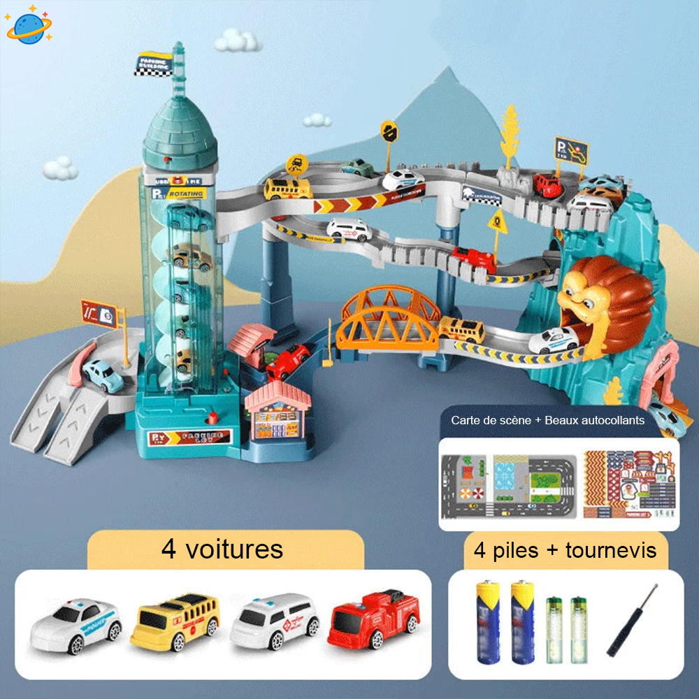 Circuit Voitures Multi-Niveaux avec Ascenseur – Jouet Montessori Éducatif et Ludique