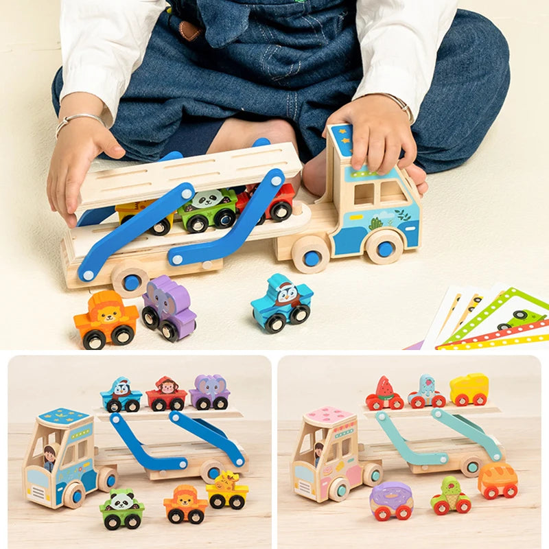 Camion Porte-Voitures en Bois Montessori – Jouet Éducatif avec Animaux Colorés