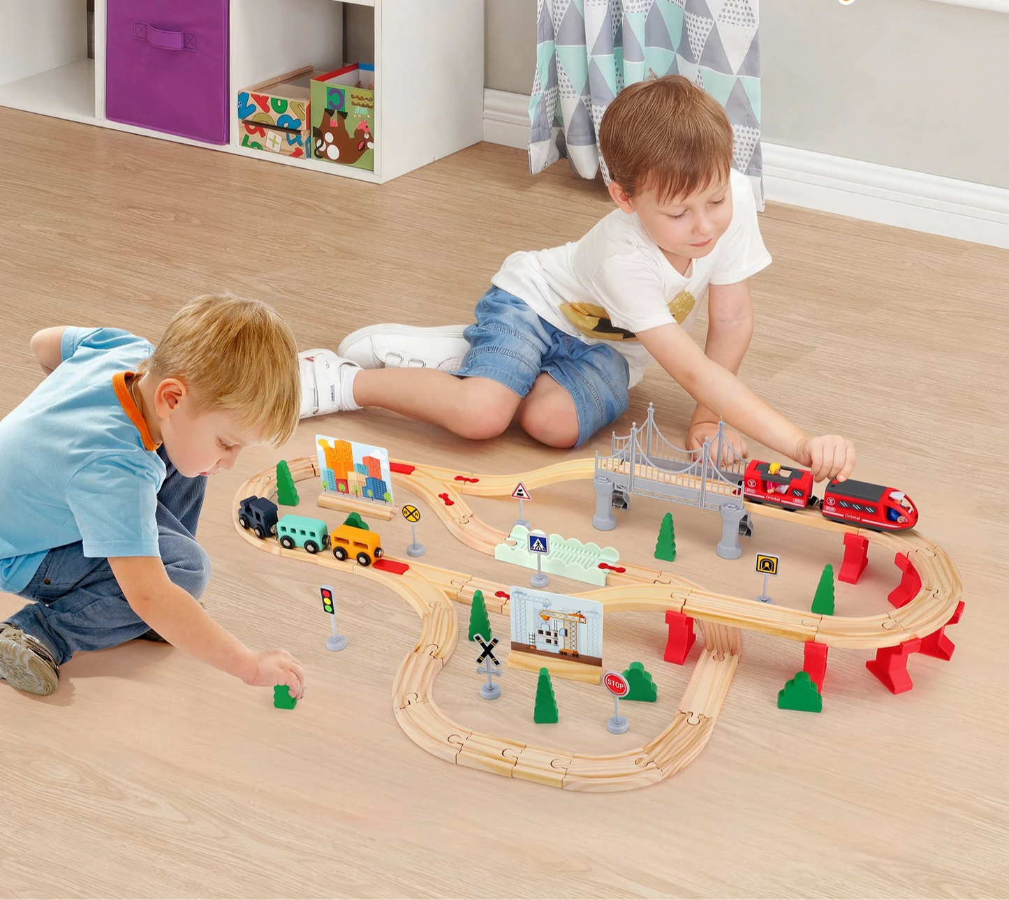 Grand Train en Bois Montessori – Circuit ferroviaire éducatif avec accessoires