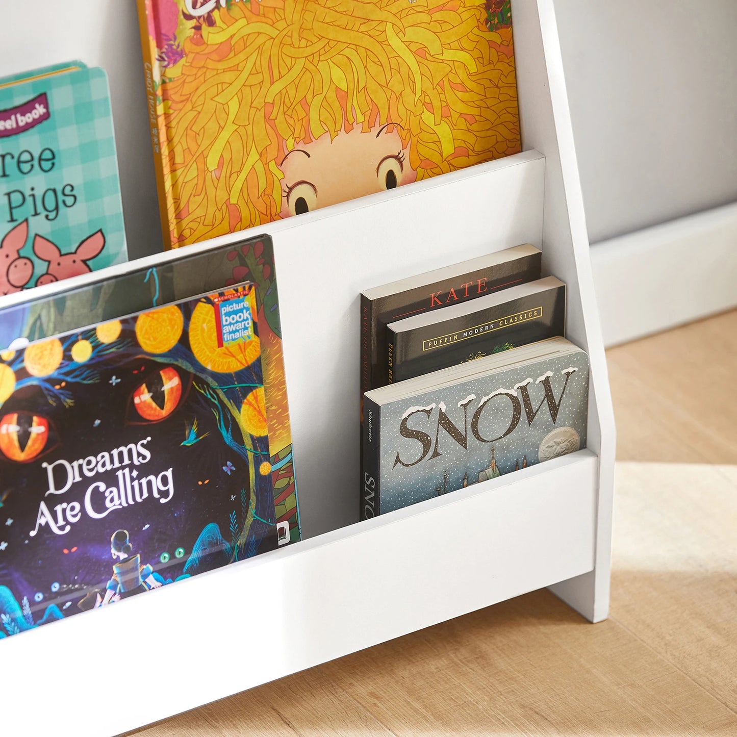 Bibliothèque Montessori en Bois – Étagère à Livres avec 4 Compartiments Sécurisés pour Enfants