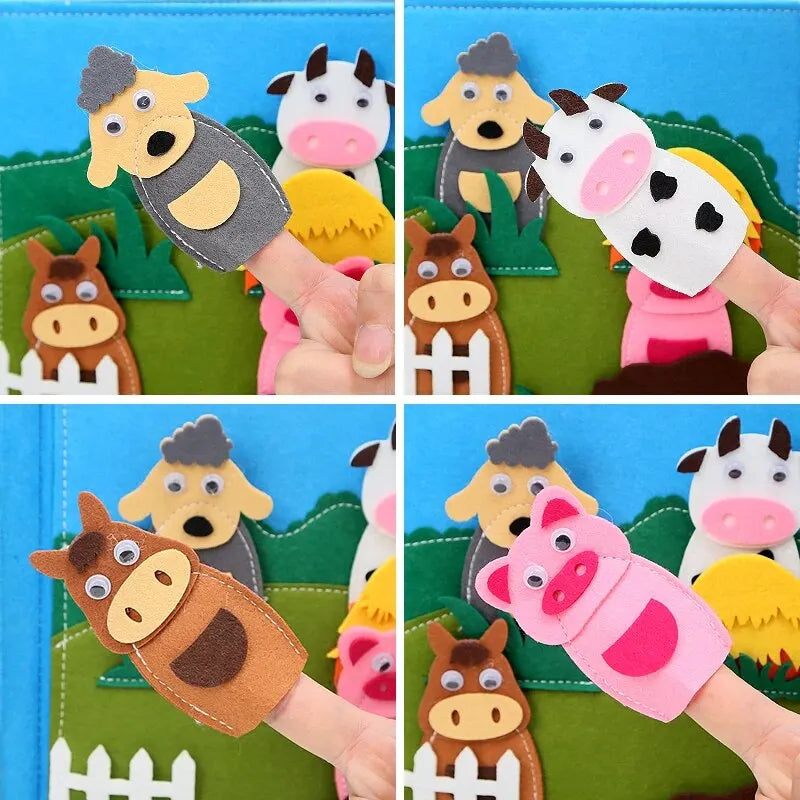 Livre sensoriel évolutif – Ferme Montessori en feutrine avec animaux et histoires