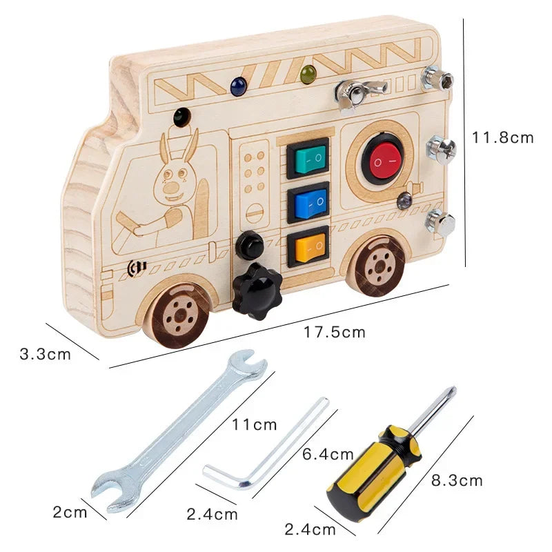 Jouet Montessori évolutif – Busy Board en bois avec lumières LED et activités sensorielles