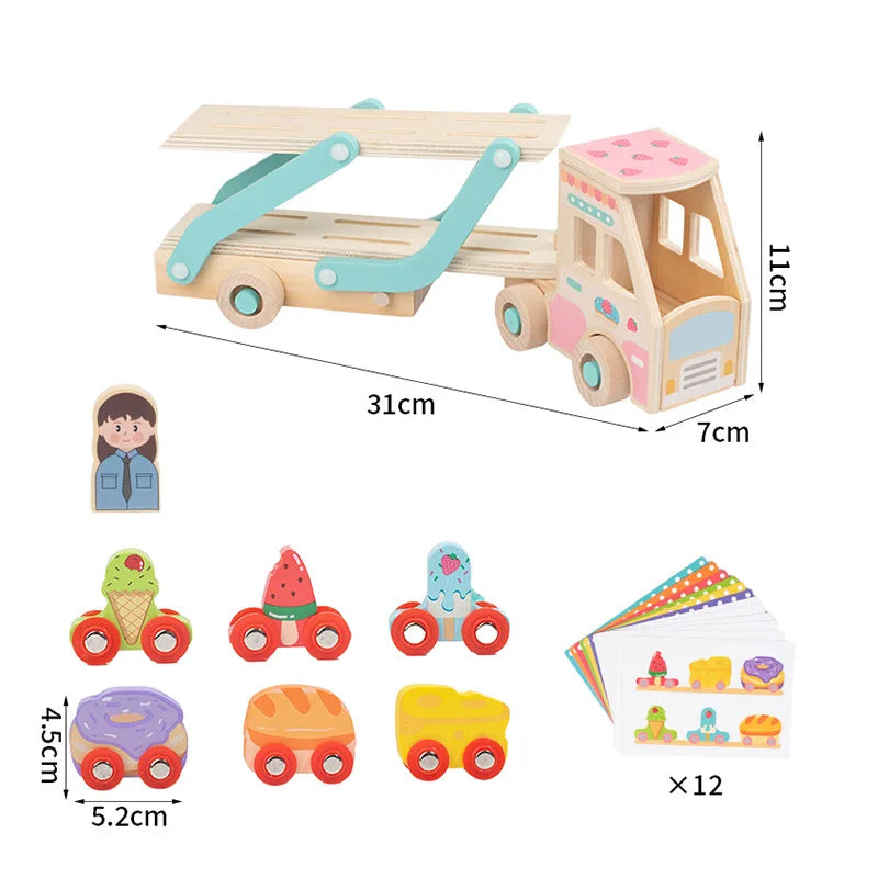 Camion Porte-Voitures en Bois Montessori – Jouet Éducatif avec Animaux Colorés