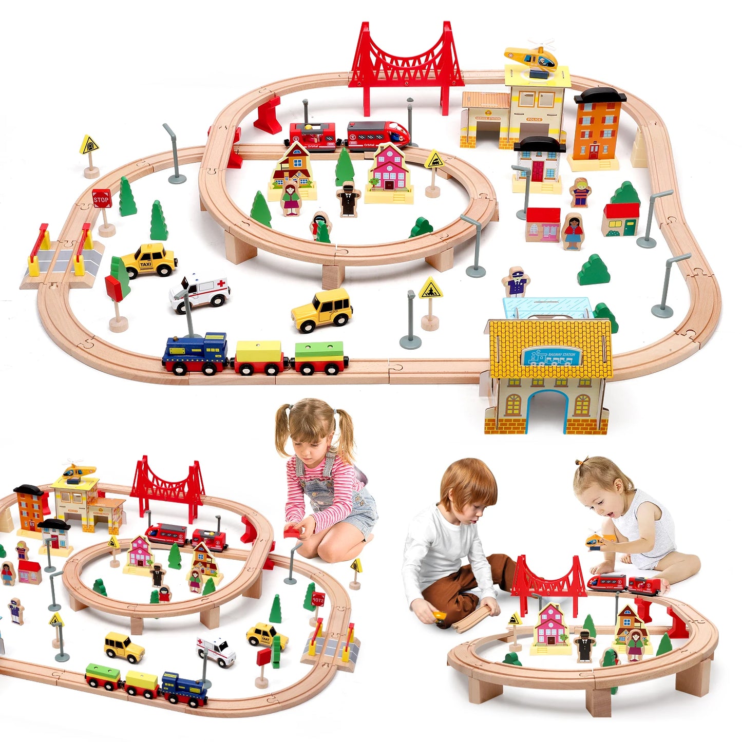 Grand Train en Bois Montessori – Circuit ferroviaire éducatif avec accessoires