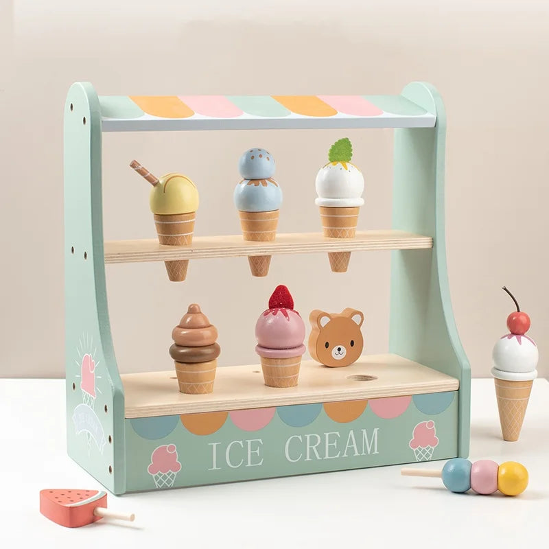 Stand de Crèmes Glacées en Bois Montessori – Jeu d’Imitation Marchand pour Enfants