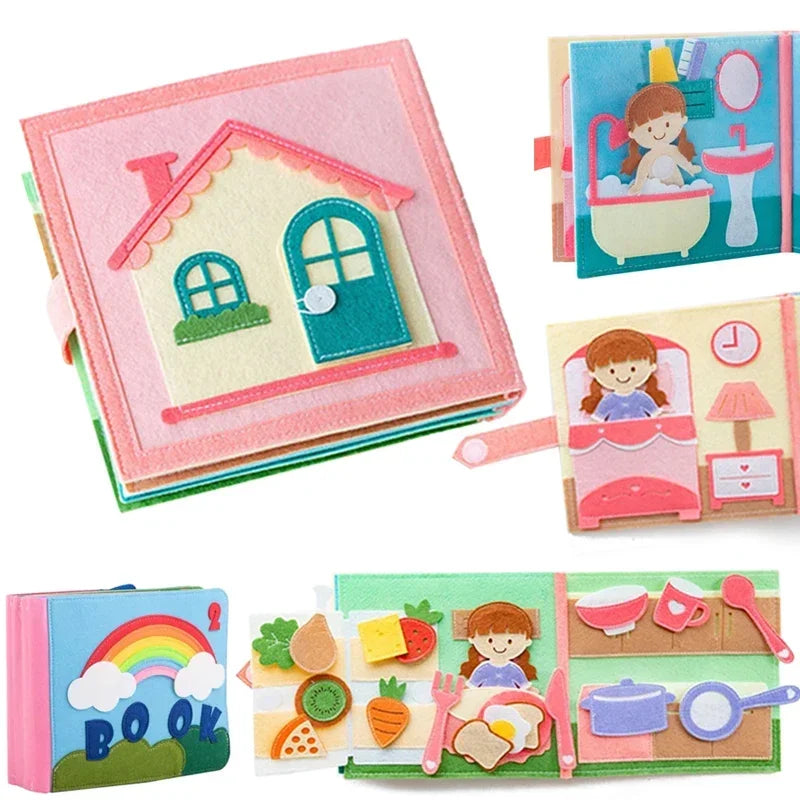 Livre d’activités évolutif en tissu – Histoire, éveil et apprentissage Montessori