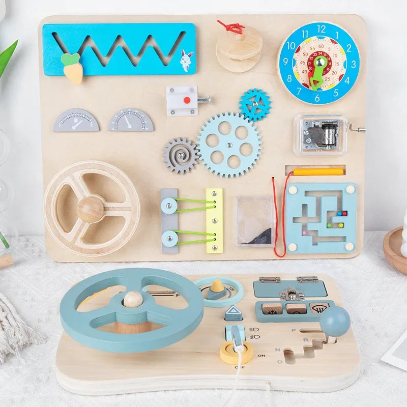 Jouet Montessori Évolutif en Bois – Busy Board Voiture avec Volant Musical et Activités Éducatives