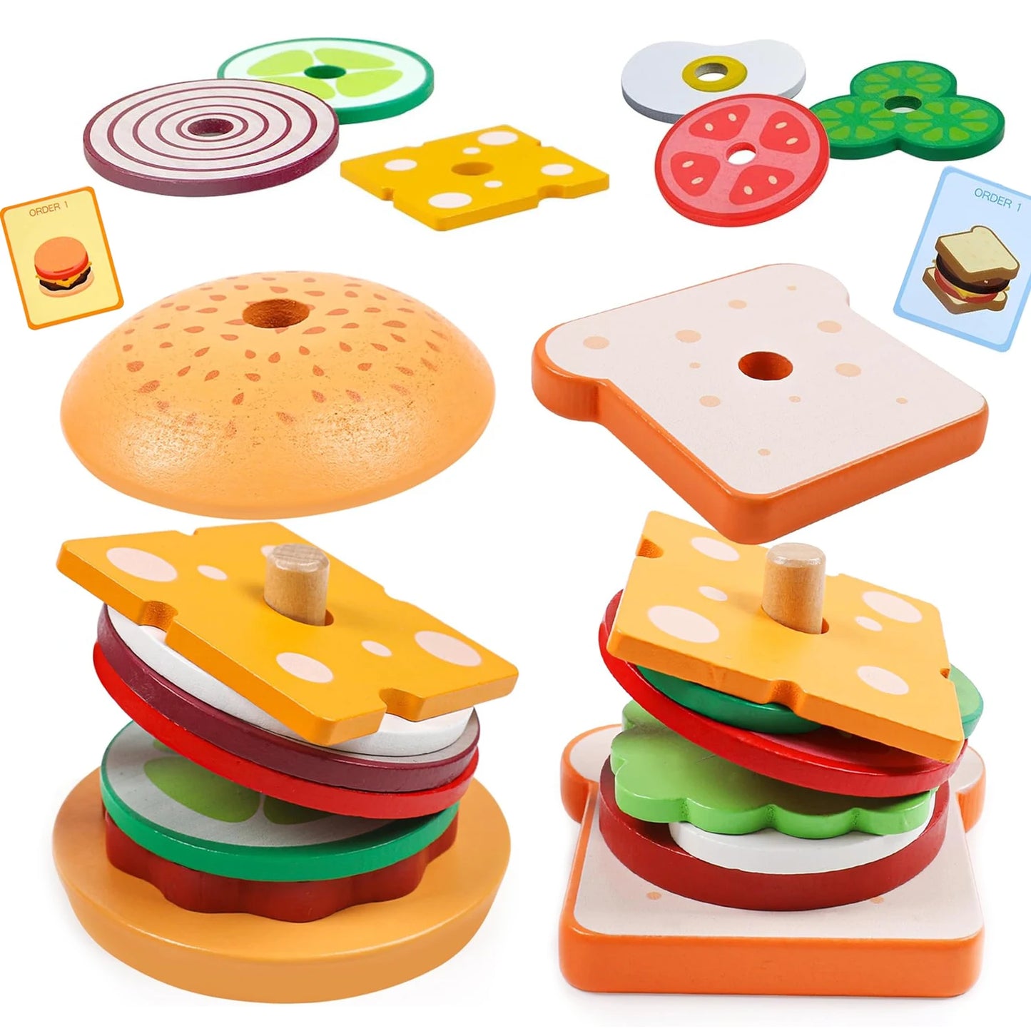 Jeu de Burgers et Sandwichs en Bois Montessori – Jeu d’Imitation Cuisine