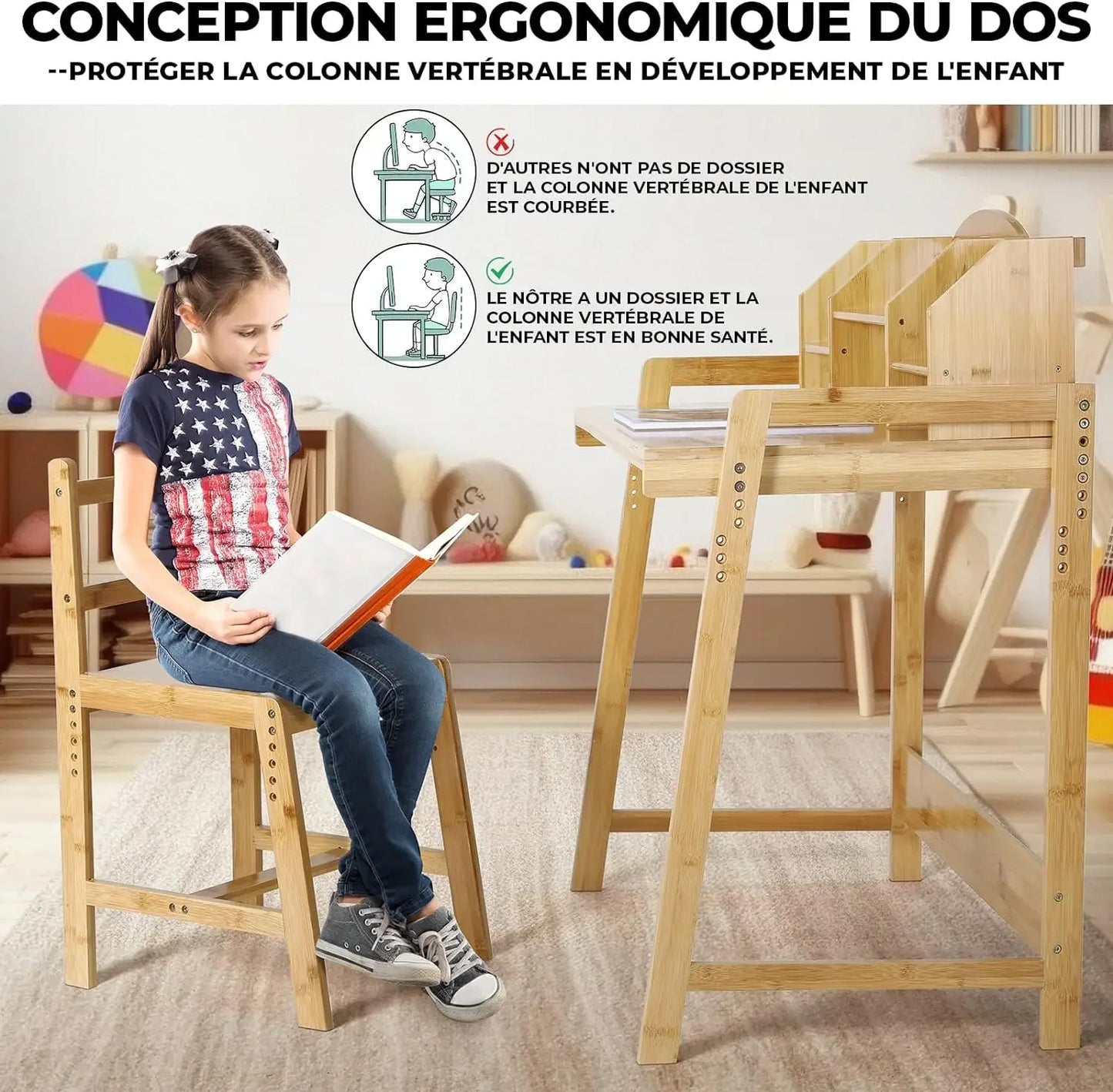 Bureau et Chaise Montessori Réglables – Ensemble en Bois avec Rangement
