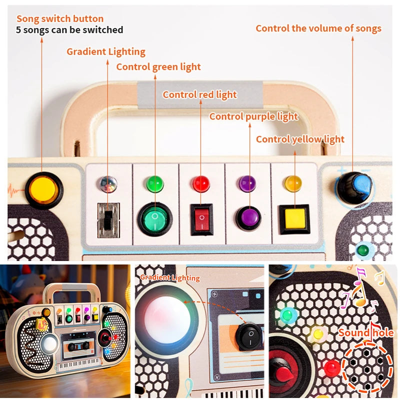 Jouet Montessori évolutif – Busy Board en bois avec lumières LED et activités sensorielles
