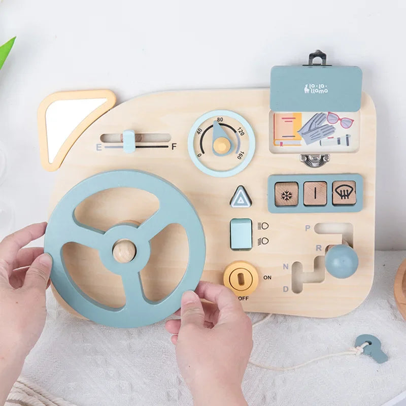 Jouet Montessori Évolutif en Bois – Busy Board Voiture avec Volant Musical et Activités Éducatives