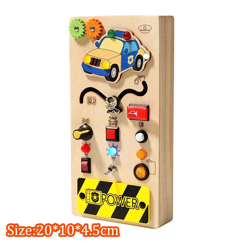 Jouet Montessori évolutif – Busy Board en bois avec lumières LED et activités sensorielles