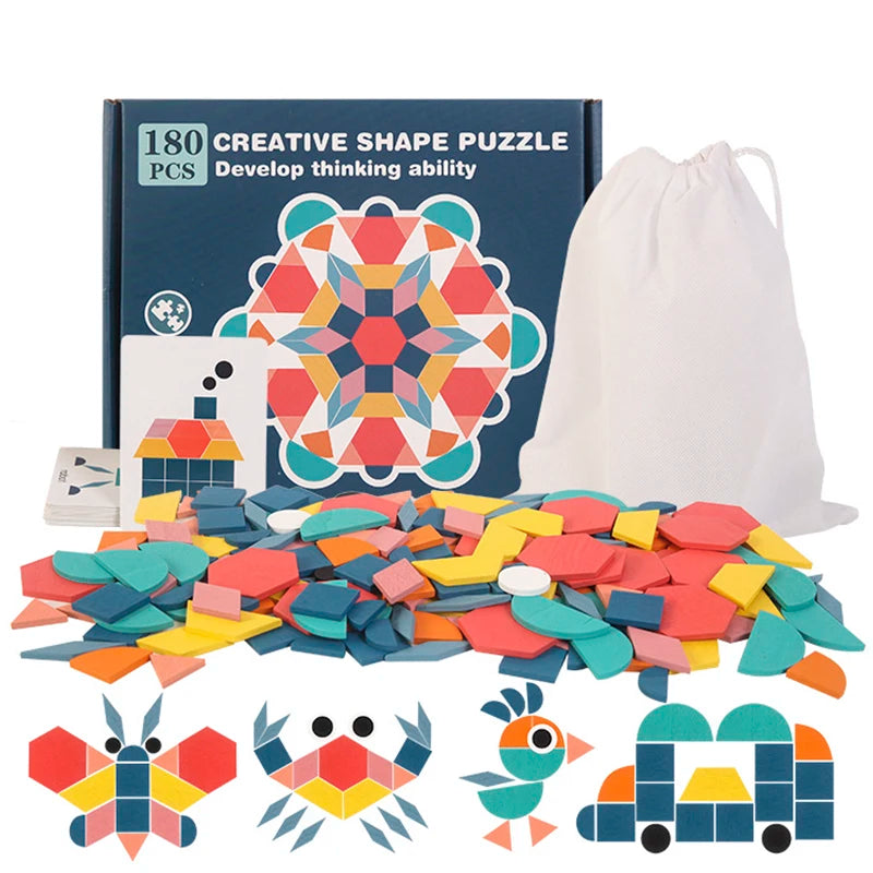 Puzzle géométrique en bois style Tangram – Jeu éducatif Montessori évolutif