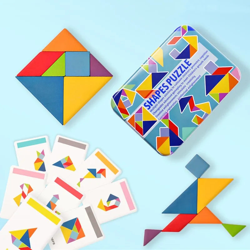 Jouet Montessori évolutif – Tangram en bois coloré éducatif et puzzle géométrique