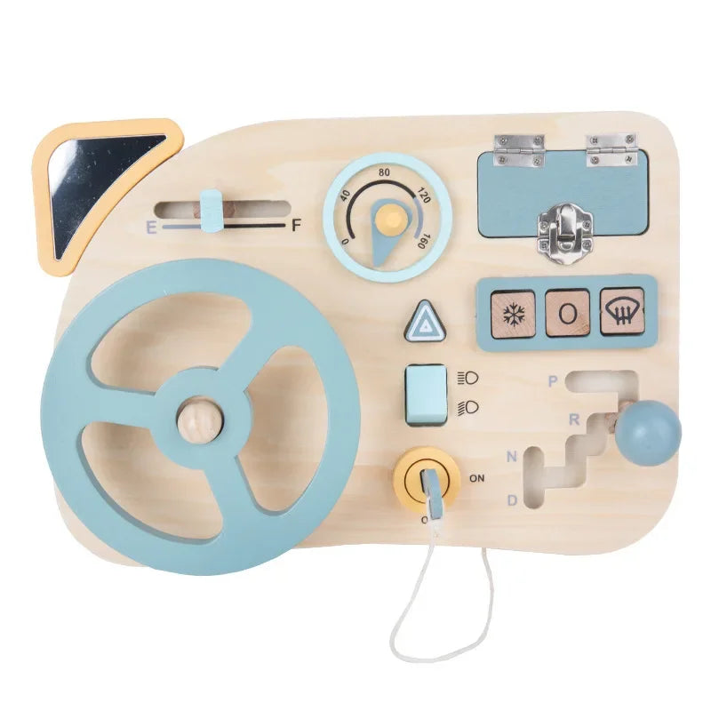 Jouet Montessori Évolutif en Bois – Busy Board Voiture avec Volant Musical et Activités Éducatives