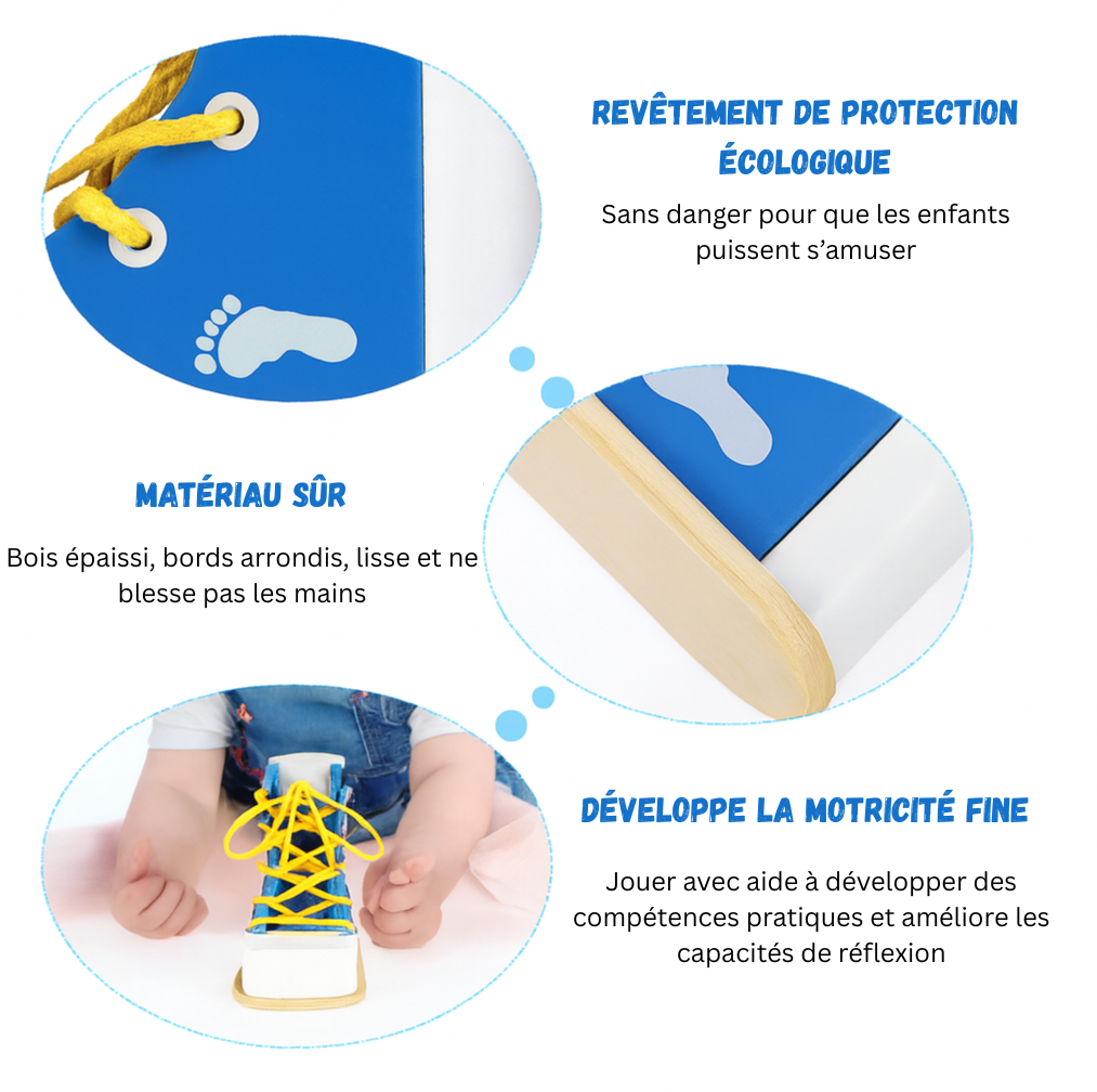 Jouet Montessori évolutif – Chaussure en bois éducative pour apprendre à lacer