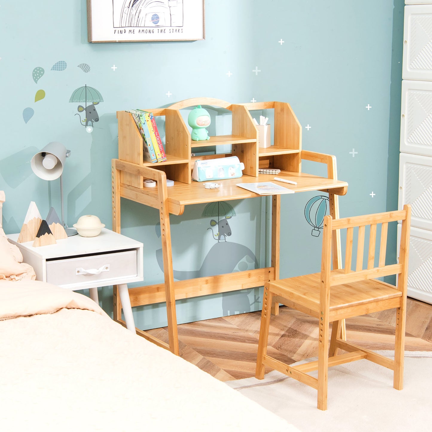 Bureau et Chaise Montessori Réglables – Ensemble en Bois avec Rangement