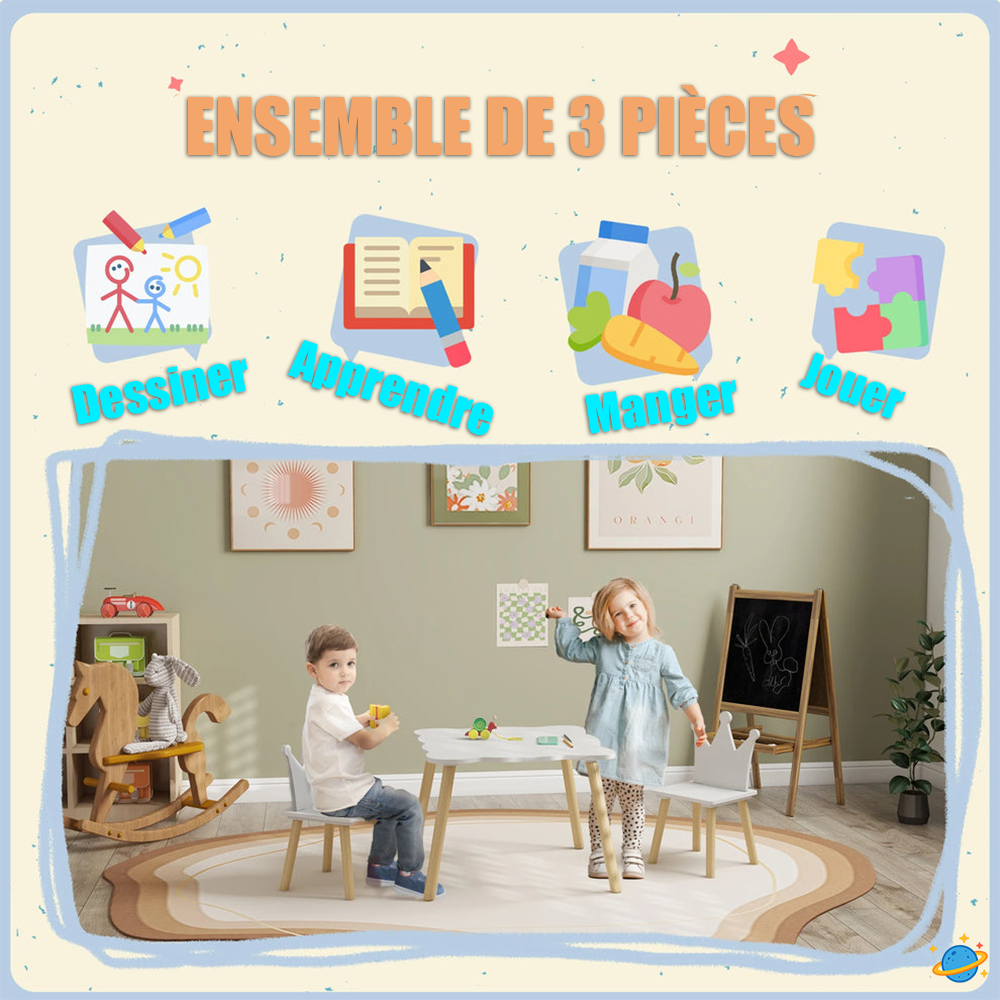 Table et Chaises Montessori pour Enfant – Ensemble 3 Pièces Design Couronne