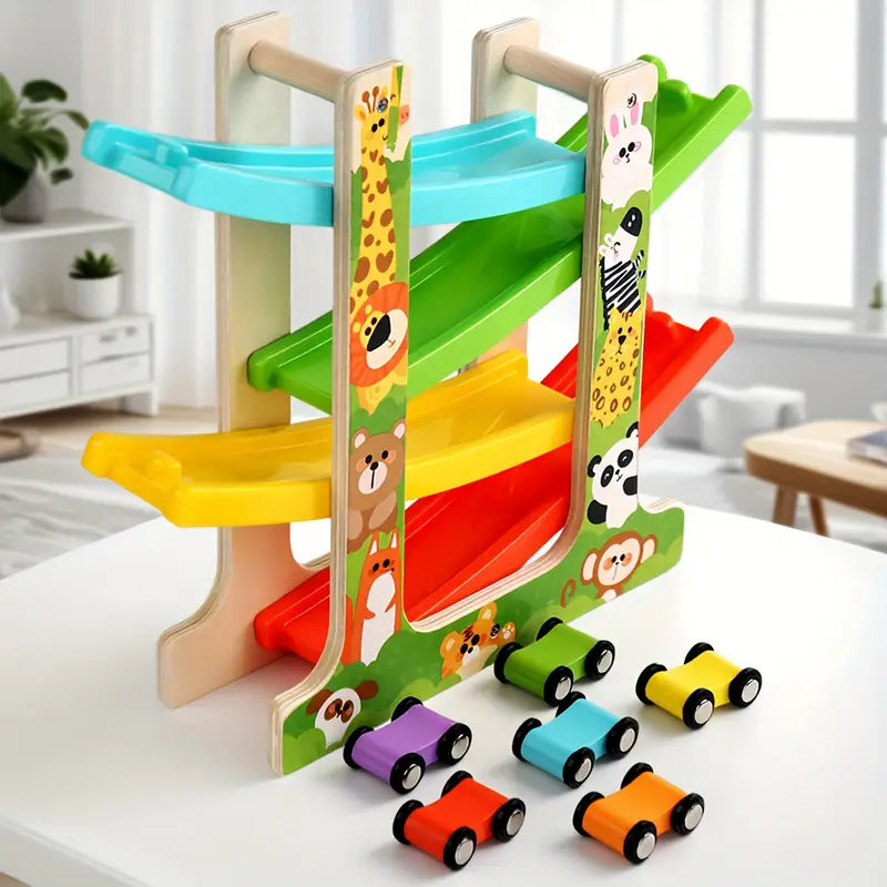 Rampe de Voitures Montessori en Bois – Jeu d’Observation et de Motricité