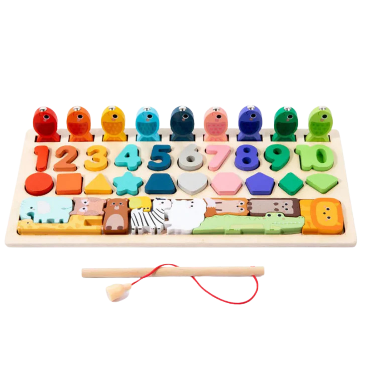 Jeu Éducatif Montessori 4-en-1 en Bois – Formes, Chiffres, Pêche & Animaux