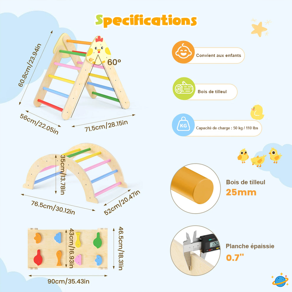 Structure d’Escalade pour l'équilibre Montessori 7-en-1 en Bois – Triangle, Arche & Rampe de Jeu