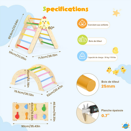 Structure d’Escalade pour l'équilibre Montessori 7-en-1 en Bois – Triangle, Arche & Rampe de Jeu