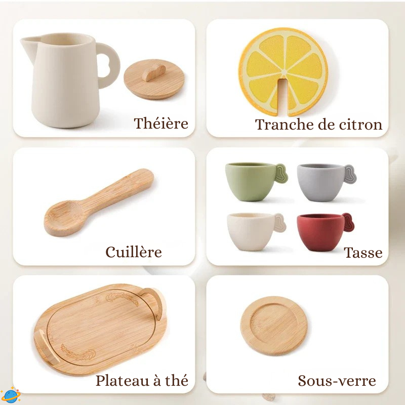 Service à thé en bois et silicone – Jeu d’imitation Montessori éducatif