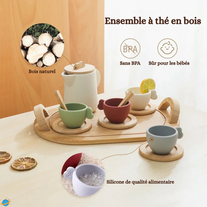 Service à thé en bois et silicone – Jeu d’imitation Montessori éducatif