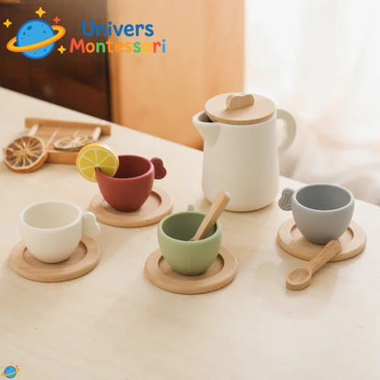 Service à thé en bois et silicone – Jeu d’imitation Montessori éducatif