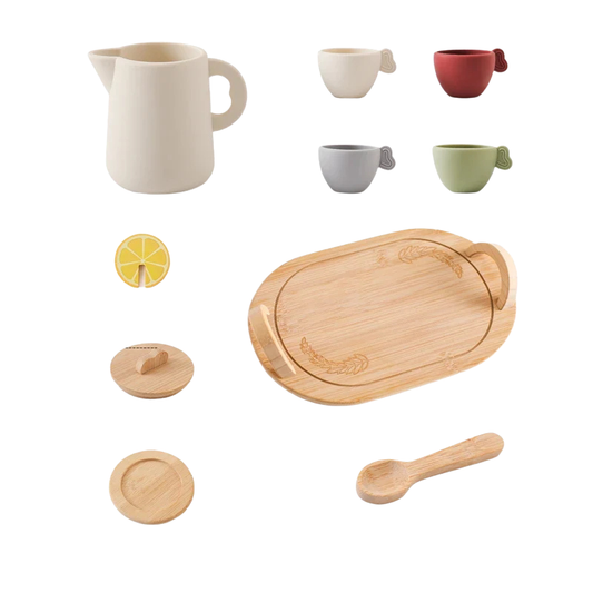 Service à thé en bois et silicone – Jeu d’imitation Montessori éducatif
