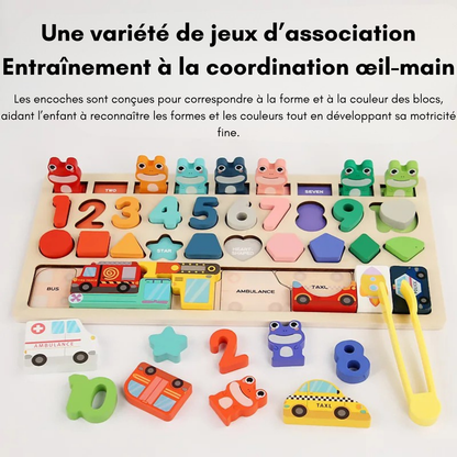 Jeu Éducatif Montessori 4-en-1 en Bois – Formes, Chiffres, Pêche & Animaux