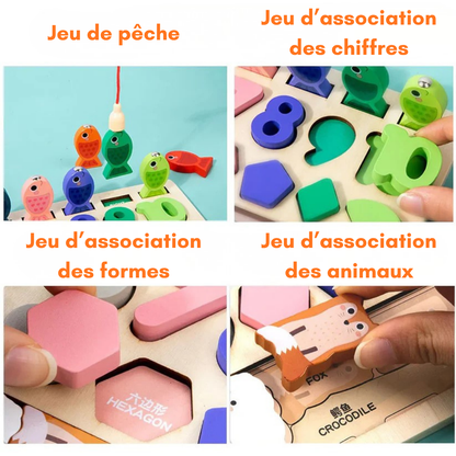Jeu Éducatif Montessori 4-en-1 en Bois – Formes, Chiffres, Pêche & Animaux