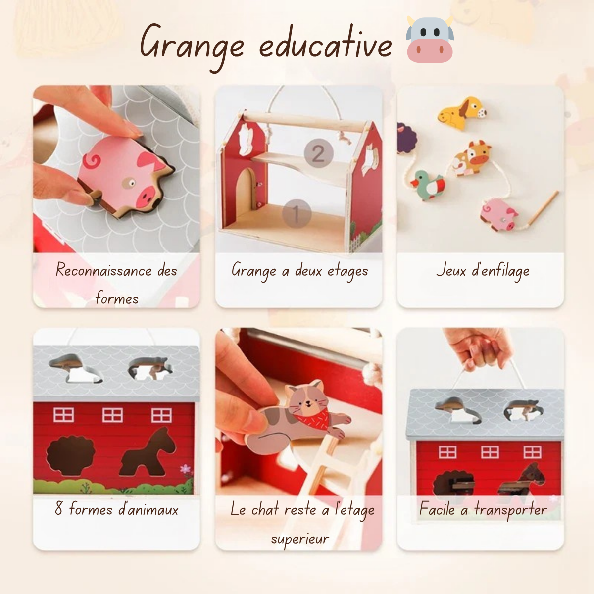 Ferme en bois éducative – Jeu Montessori évolutif avec animaux et accessoires