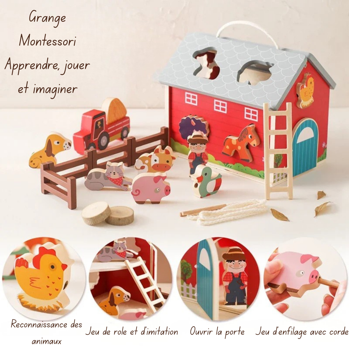 Ferme en bois éducative – Jeu Montessori évolutif avec animaux et accessoires