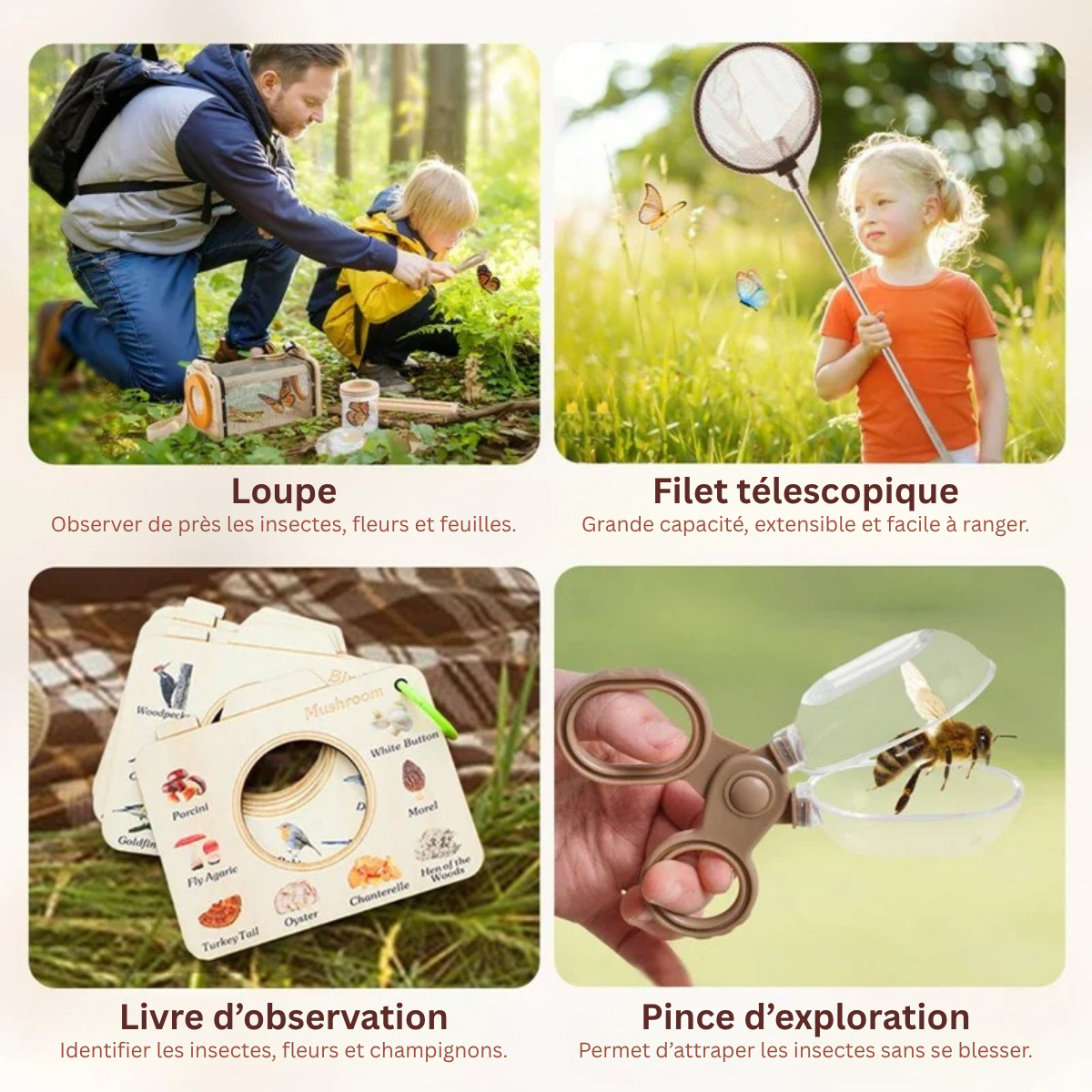 Kit d’exploration nature en bois – Jeu éducatif Montessori pour aventuriers en herbe